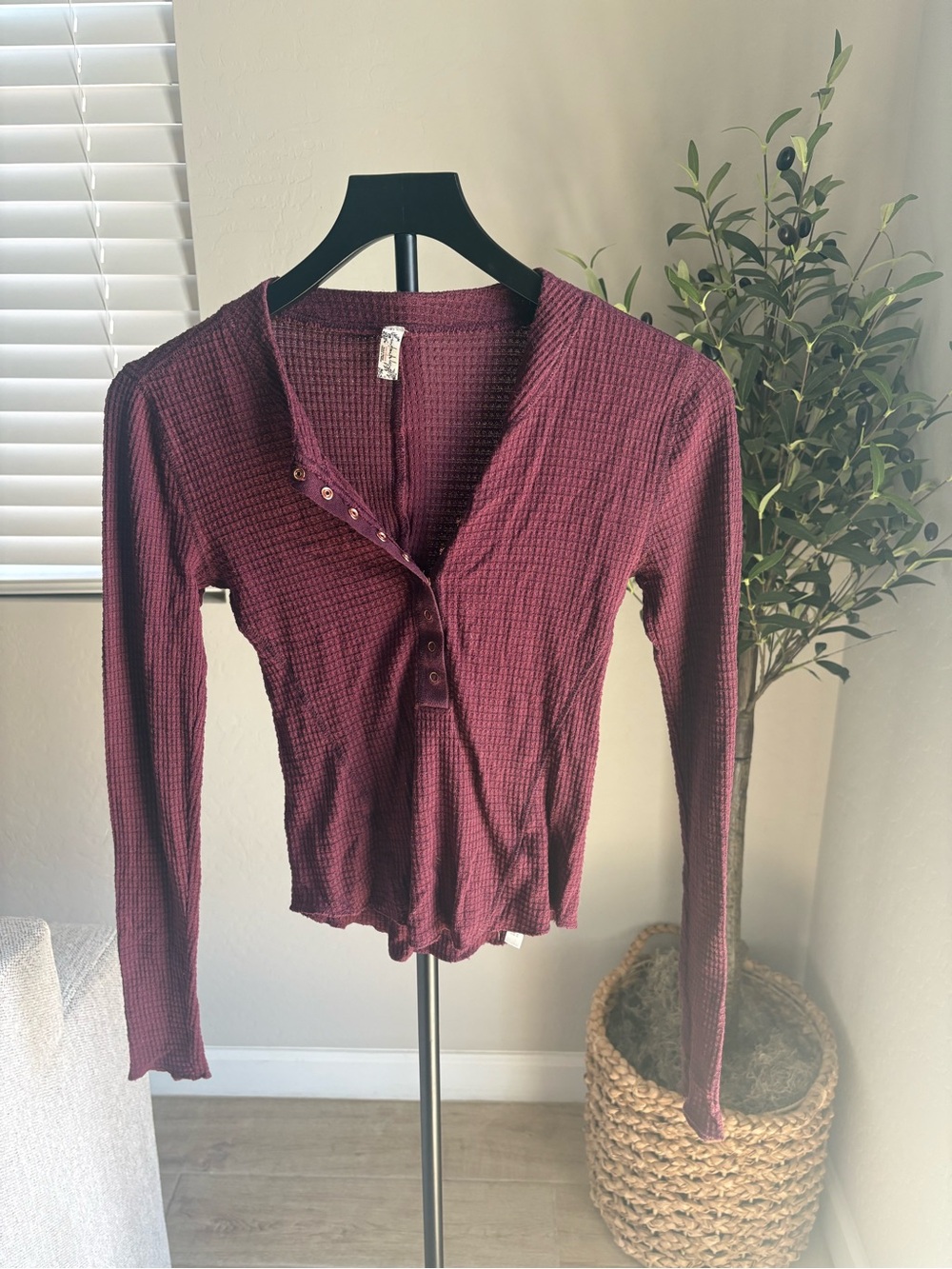 Free People Women's Long-Sleeve Waffle Henley Top - Burgundy